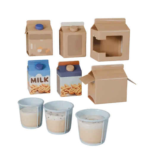 Snack Milk Carton 3D model, three-quarter front view, AR viewer studio render, showing cardboard, package massing.