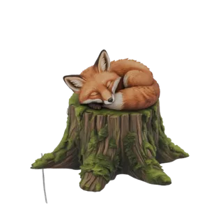 Un rendering 3D di una volpe rossa che dorme pacificamente su un ceppo d'albero muschioso, con la coda arrotolata attorno al
