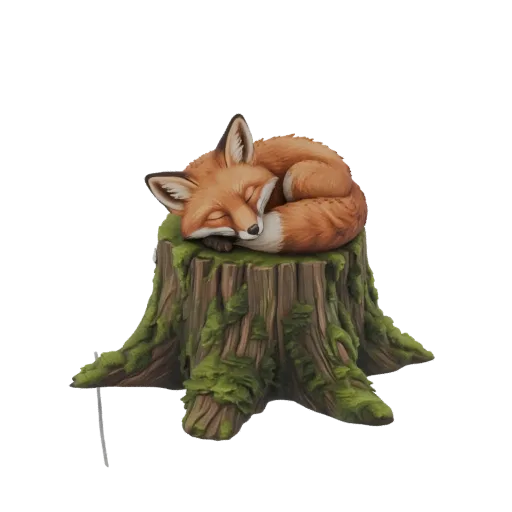 Una renderización 3D de un zorro rojo durmiendo pacíficamente en un tocón de árbol musgoso, con la cola enrollada alrededor d
