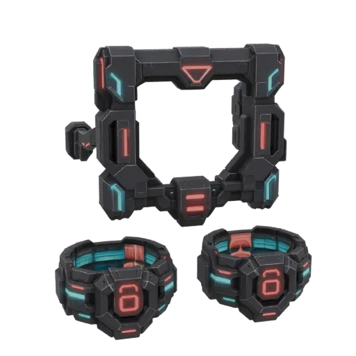 3D model of a futuristic sci-fi power core with a square opening and two matching bracelets, featuring dark metal and glowing