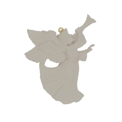 3D model of a white angel ornament blowing a trumpet, with detailed wings and flowing robes.