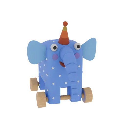 A 3D render of a cute blue elephant toy with white polka dots, a party hat, and wooden wheels.