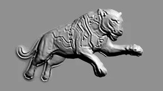 Modelo 3D de bajorrelieve de tigre en salto, realizado en color gris, con gran detalle.