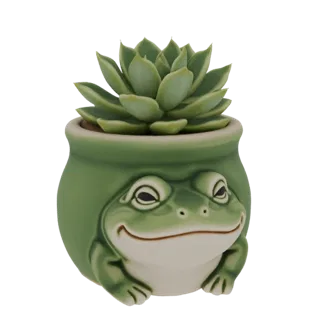 Modelo 3D de una maceta de rana de cerámica verde con cara sonriente, sosteniendo una planta suculenta con hojas verdes.