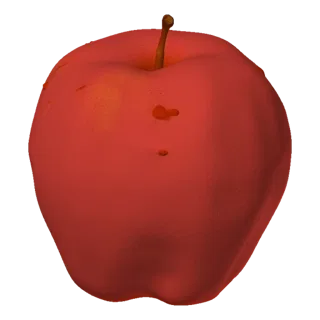 Rendu 3D d'une pomme rouge avec de petites taches sombres sur sa surface, sur fond noir.