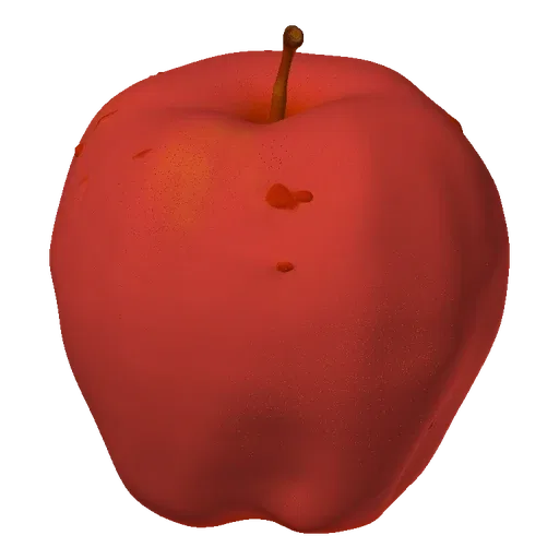 A 3D render of a red apple with small dark spots on its surface, set against a black background.