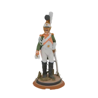 Modelo 3D de um soldado granadeiro da Era Napoleônica em pé com um mosquete, vestindo uma jaqueta verde, calças brancas e um