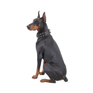 3D model of a black and tan Doberman Pinscher dog sitting attentively, wearing a spiked collar, against a white background.