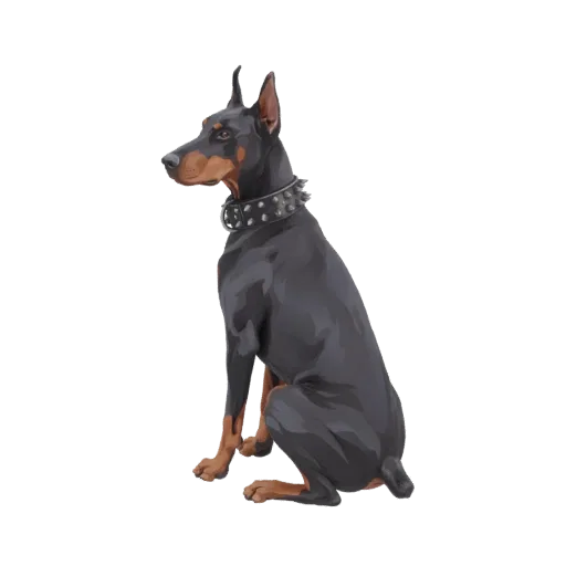 3D model of a black and tan Doberman Pinscher dog sitting attentively, wearing a spiked collar, against a white background.