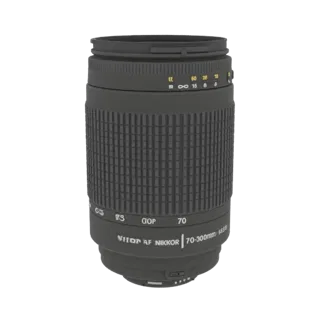 3D model of a Nikon AF Nikkor 70-300mm f/4-5.6D ED telephoto zoom lens, shown from a slightly angled perspective against a bl