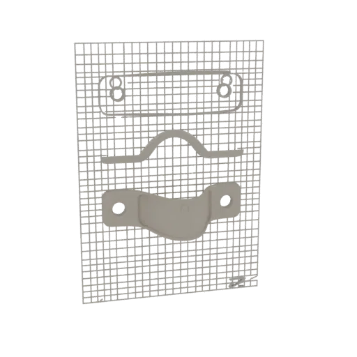 3D render of a wireframe grid with three distinct 3D printed components: a rectangular element with '8's, a curved piece, and a bracket.