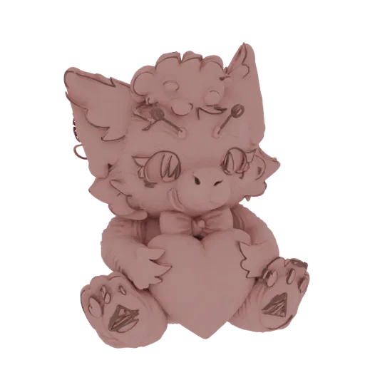 3D model of a cute, blush-pink fennec fox character sitting and holding a heart, with large ears and stylized line art detail