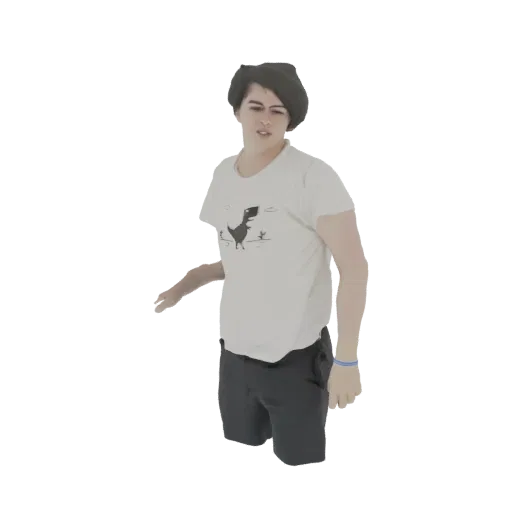 Modelo 3D de un hombre joven vistiendo una camiseta blanca con gráfico de dinosaurio y pantalones cortos oscuros, en pose din