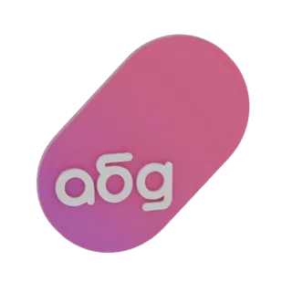 Render 3D de una píldora degradada rosa con un logo blanco 'aбg', presentado sobre un fondo negro.