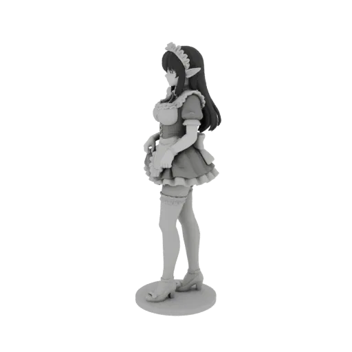 Ein graustufiges 3D-Modell eines weiblichen Elfencharakters, der als Maid gekleidet ist, von der Seite betrachtet.