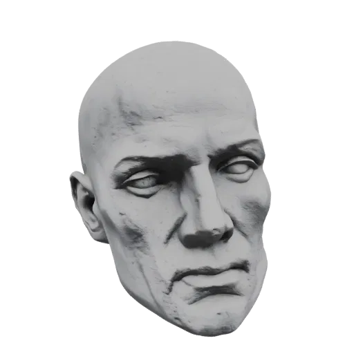3D model render of a grey, sculpted male head bust with detailed facial features and a bald head.