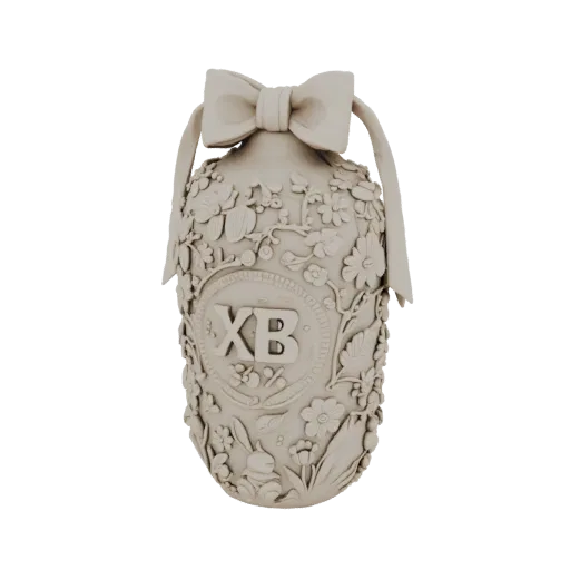 3D model of a decorative vase with a relief bow, flowers, and XB letters, in a light shade