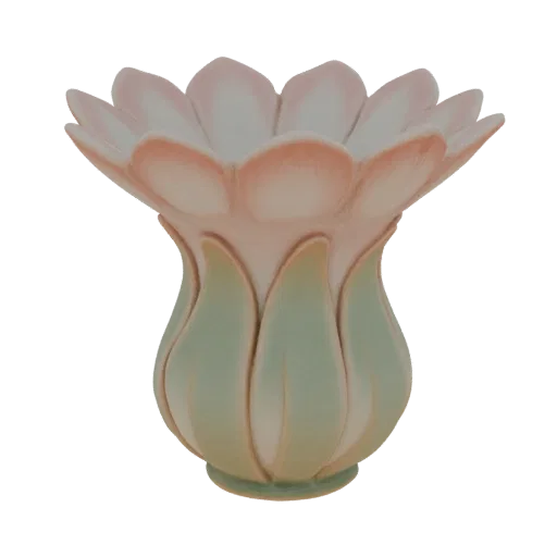 3D model of a lotus flower vase with delicate pink petals at the top and green leaves at the base.