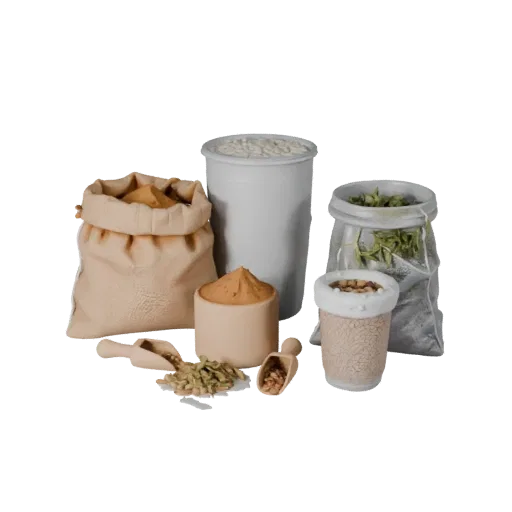 Pantry Rice Sack 3D model, three-quarter front view, Unity viewport, showing powders, small ingredient shapes.