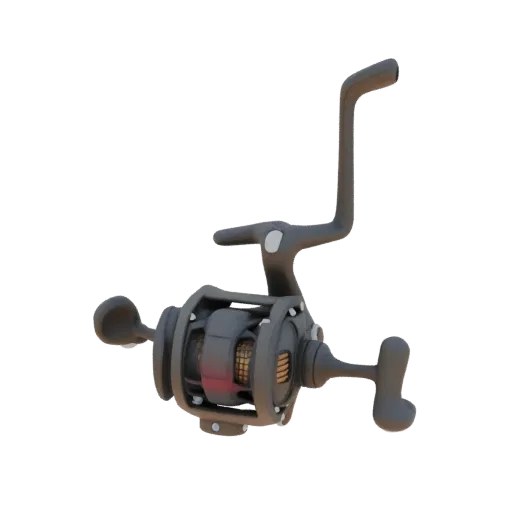 3D model of a fishing reel with a dark gray body, red and gold accents, detailed spool, and handle.
