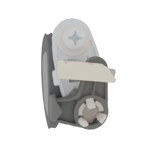 3D model of a mechanical fastener assembly with interlocking parts and a screw.