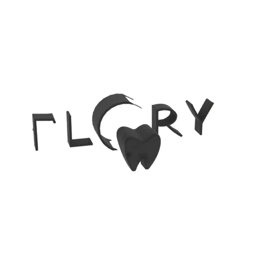 3D model of the 'Flory' logo with a tooth integrated into the lettering, presented on a white background.