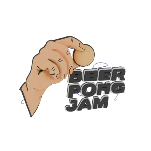 3D model of a hand holding a ping pong ball above the text 'Beer Pong Jam' in a bold, stylized font.