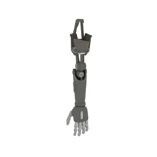 3D-Modell eines futuristischen Roboterarms mit mehrfingrigem Greifer, dunkelgrau mit silbernen Akzenten.