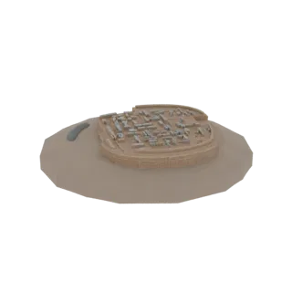 Modèle 3D d'une ancienne cité fortifiée avec de nombreux petits bâtiments, située sur un plateau sablonneux avec un petit pla