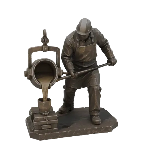 3D model of a foundry worker wearing a helmet and apron, pouring molten metal from a crucible into a mold, with a bronze-like