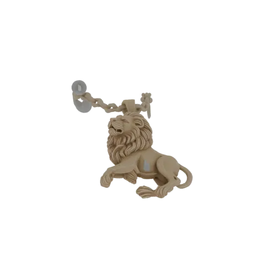 3D model of a lion pendant with a detailed mane and an attached chain, rendered against a white background.