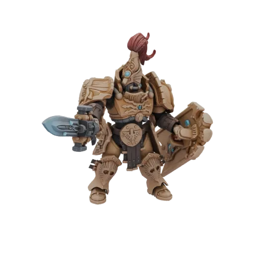 3D model of an Adeptus Custodes Custodian Guard in golden armor, holding a Sentinel Blade and Praesidium Shield.