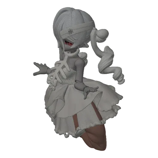 3D model of a gothic skeleton doll with red eyes and a skeletal chest plate, standing against a black and white background.