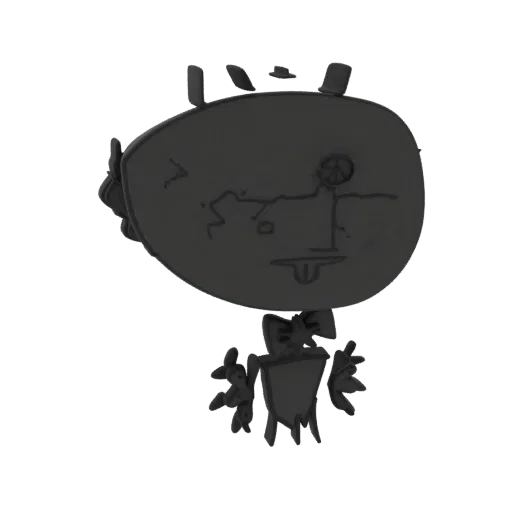 A dark, abstract 3D model of a figure with a large oval head covered in symbols and a smaller body with claw-like arms.
