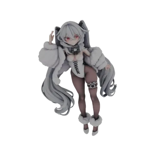 3D model of a white fur bunny girl with silver hair, red eyes, and a white outfit, posed dynamically.