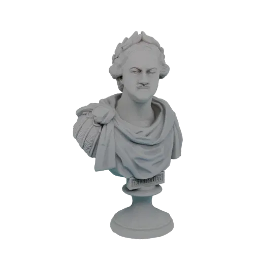 3D model render of a grey bust of Peter the Great wearing a laurel wreath and a stern expression, on a pedestal.