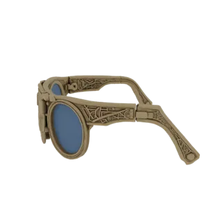 A 3D render of a vintage gothic steampunk style sunglasses frame with intricate engraved patterns and blue lenses.