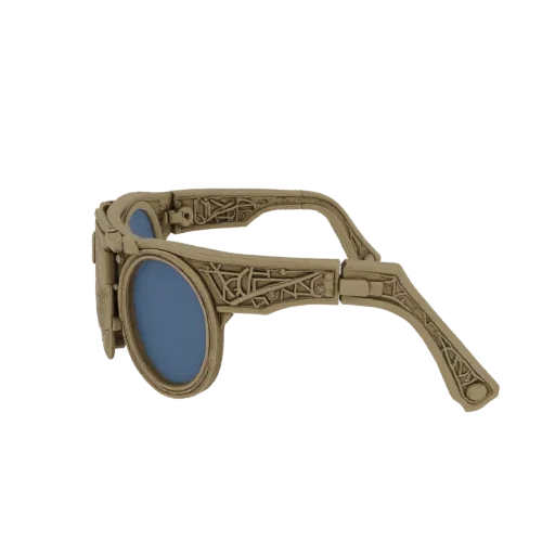 A 3D render of a vintage gothic steampunk style sunglasses frame with intricate engraved patterns and blue lenses.