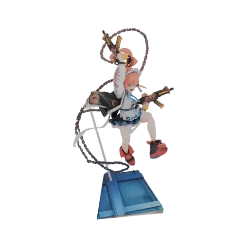 3D model of an anime girl with pink hair, holding two guns and a chain, posed dynamically on a blue diorama base.
