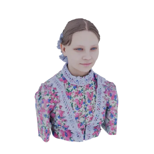 3D model of a young Victorian girl with braided hair and a floral dress with blue lace trim, looking slightly to the side.