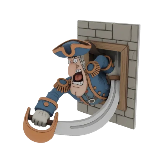 3D model of Captain Bluebeard pirate bursting through a brick wall with a cutlass, rendered in a stylized, cartoonish art sty