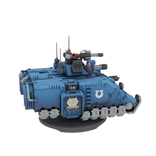 A 3D render of a blue Space Marine Predator tank with Ultramarines insignia, viewed from the side.