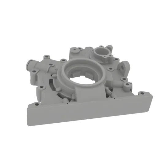 A 3D render of a detailed automotive engine block housing, showcasing its complex internal and external mechanical features a