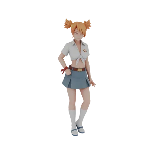 Modèle 3D d'une écolière d'anime avec des couettes orange, une chemise blanche nouée et une jupe plissée bleue, debout dans u