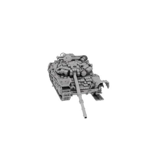 3D model of a T-72 Main Battle Tank, viewed from the front-right, with its main gun extended.