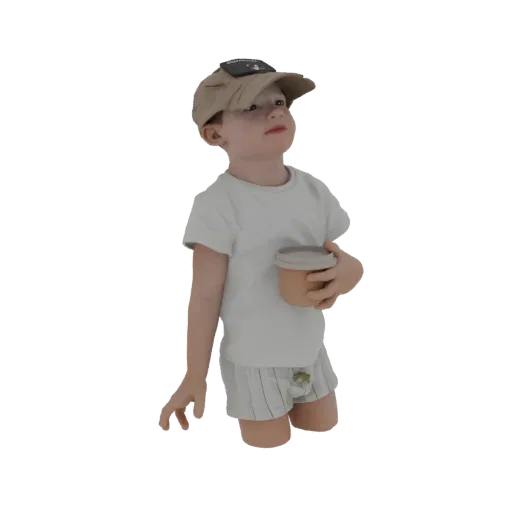 3D model of a young boy wearing a beige baseball cap and holding a light brown cup, looking upwards.