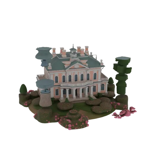 3D model of a pink Baroque mansion with green roof and stylized gardens featuring pink flowers and abstract green topiary.