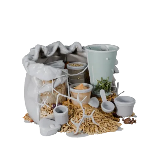 Spice Rice Sack Printable 3D model, isometric STL render, showing powders, small ingredient shapes.