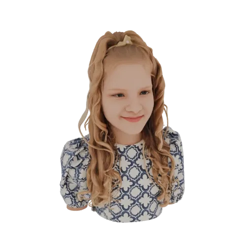 3D model of a young girl with blonde curly hair in a ponytail, wearing a blue and white patterned dress, smiling.