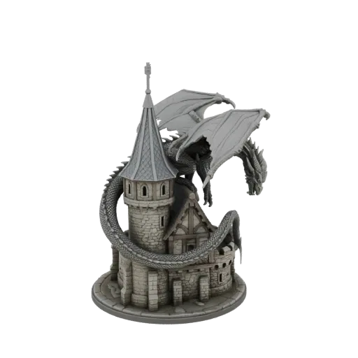 3D model of a grey dragon coiled around a stone castle tower with a pointed roof, against a black background.